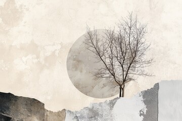 Abstract Art of a Bare Tree Against a Circular Wall