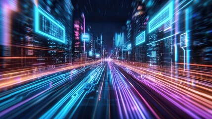 Obraz premium Dynamic urban landscape featuring neon lights and technology, symbolizing speed and innovation in a futuristic city.