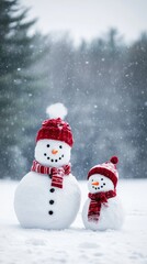 Fototapeta premium Snowman duo dressed in red and white, enjoying a snowy day in a winter landscape. Perfect for festive greetings and holiday cards.