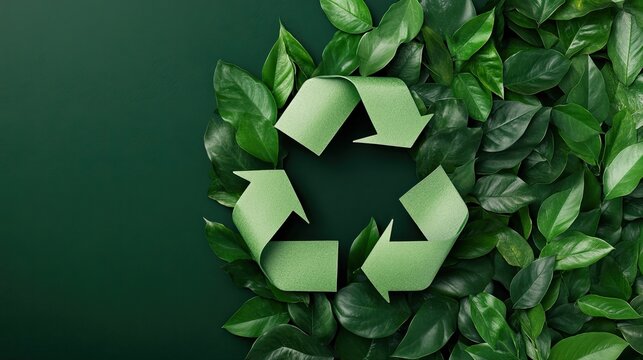 Eco-friendly recycling symbol surrounded by vibrant green leaves, showcasing commitment to sustainability and environmental protection.