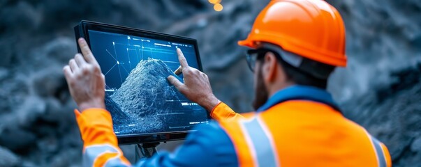 A construction worker analyzes data on a tablet in a rugged outdoor environment, showcasing modern technology in mining.