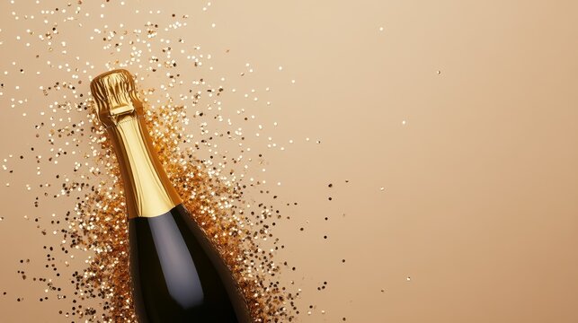 Champagne bottle with a golden glitter explosion on a beige background, symbolizing celebration and festivity.