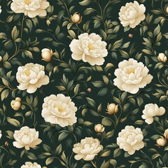 Elegant floral pattern featuring creamy white peonies and green leaves on a dark background, perfect for elegant design projects.