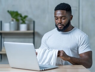 A focused man works on his laptop while holding a towel, exemplifying productivity in a modern workspace.