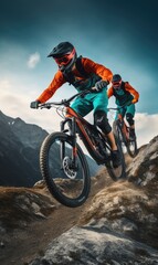 Adrenaline rush - mountain biker, capturing thrill of extreme sport, showcasing motion blur to emphasize speed, excitement, set against a backdrop of natural beauty, perfect for adventure enthusiasts.