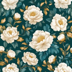 Elegant floral pattern featuring lush white peonies against a deep green backdrop for a serene and sophisticated look.