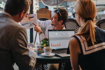 Businesspeople collaborate in a cafe, analyzing financial charts on a laptop and paper. Engaged discussion highlights teamwork, productivity, and strategy planning in a dynamic, informal setting.