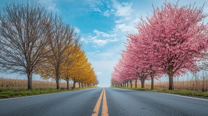 Fototapeta premium Two parallel roads: one lined with dead trees under a gray sky, the other with blossoming trees under a bright blue sky, symbolizing different life outlooks