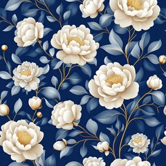 Elegant floral pattern featuring white peonies against a deep navy background, perfect for textiles or home decor.