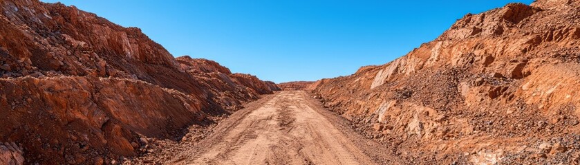 Fototapeta premium A stunning panoramic view of a desert canyon featuring red rock formations under a bright blue sky.