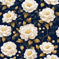 Elegant floral pattern featuring white roses and gold leaves on a dark blue background, perfect for textile and wallpaper designs.