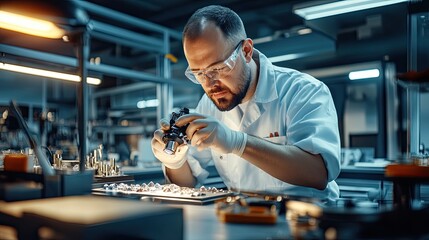 Focused technician examining watch parts under a microscope in a modern workshop, showcasing precision and craftsmanship.
