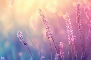 Naklejka premium Delicate Pink Flowers and Grass in a Softly Lit Meadow
