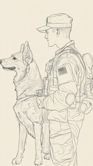 Veteran in gear kneeling beside a loyal dog against a warm background, highlighting their partnership in service.