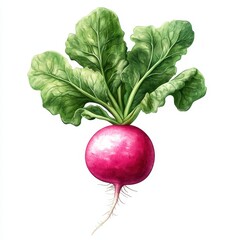 Whole radish with fresh green leaves, isolated on a white background, showcasing its bright red skin and vibrant foliage.