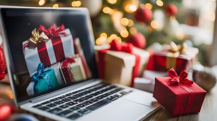 Holiday online shopping scene with a laptop screen showcasing festive discounts and special deals, surrounded by Christmas presents, capturing the essence of digital consumerism during