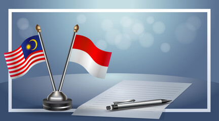 Malaysia and Indonesia Small national flag on bokeh background, cooperative relationship