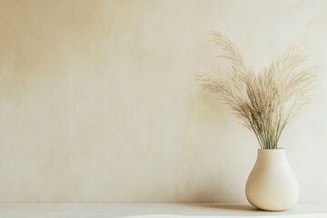Dried Grass in a White Vase on a Light Wooden Shelf