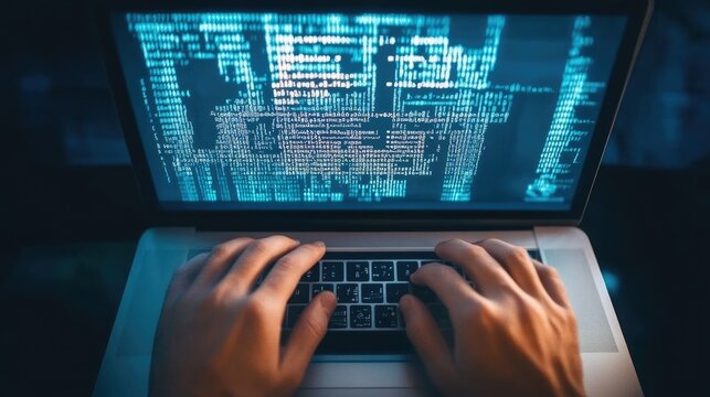 Hands typing on a laptop keyboard, with code displayed on the screen, representing technology and digital innovation.