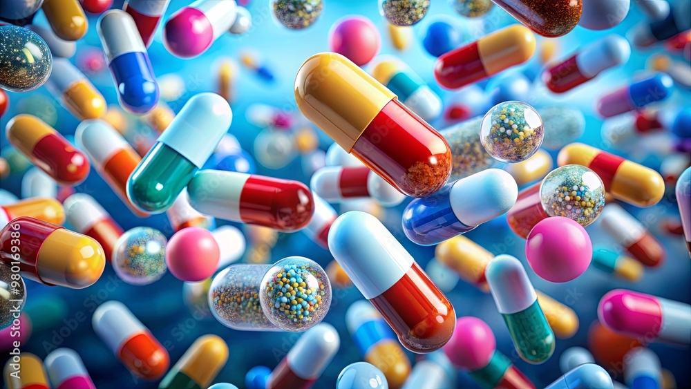 Poster A colorful array of pills are floating in the air