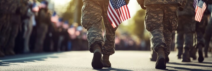 Veterans marching with American flags at a parade, symbolizing honor and pride for Memorial Day and Veterans Day.