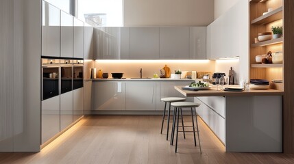 Modern kitchen design with sleek cabinets, ambient lighting, and a stylish countertop for a contemporary home atmosphere.