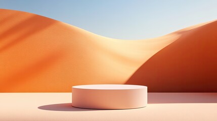 Modern pedestal in a vast desert landscape, showcasing smooth curves and warm hues, perfect for product display or artistic presentation.
