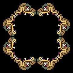 Square ethnic frame with heads of fantastic animals. Native American of Aztec Indians from Mexican codex. On black background.