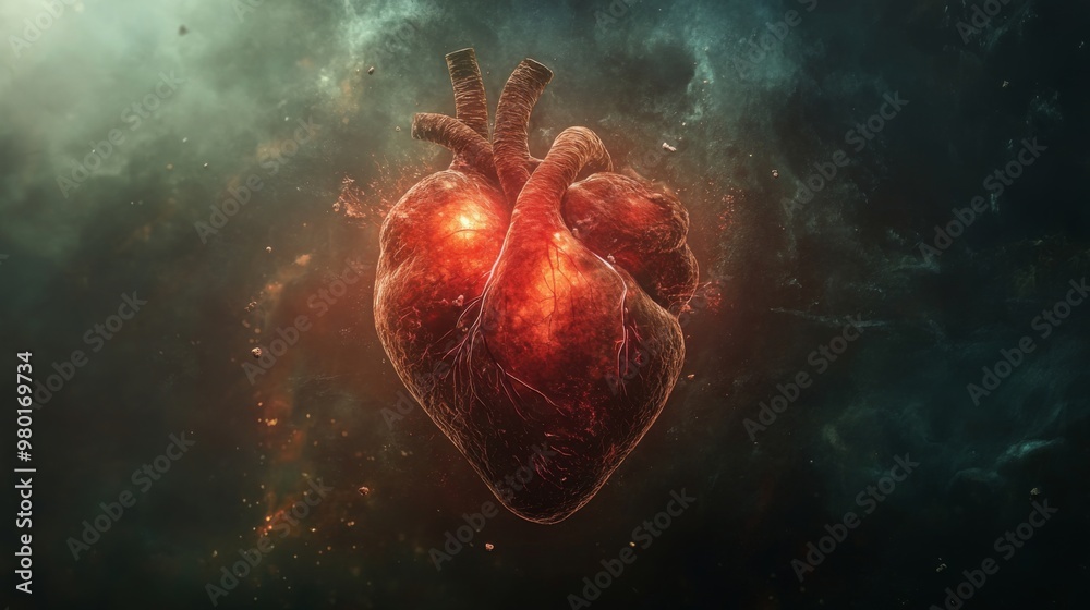 Aufkleber the vibrant heart radiates warmth and energy, set against a mystic, dark backdrop filled with cosmic