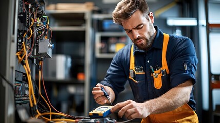 Skilled electrician working with tools, analyzing wiring in a technical environment for electrical maintenance.