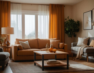A living room with warm colors, a couch, decoration and natural light