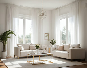 A white living room with a couch, decoration and natural light