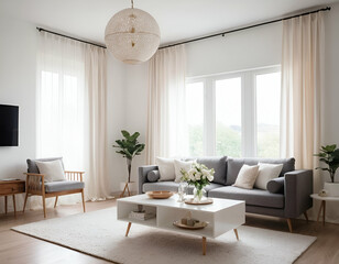 A white living room with a couch, decoration and natural light