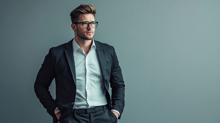 Stylish man in suit with glasses poses confidently against a muted background, representing professionalism and modern business attire.