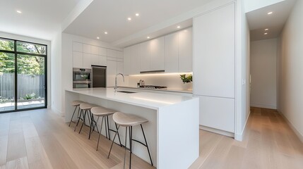 Fototapeta premium Stylish modern kitchen with white cabinets, sleek countertops, and natural light enhancing the elegant design.