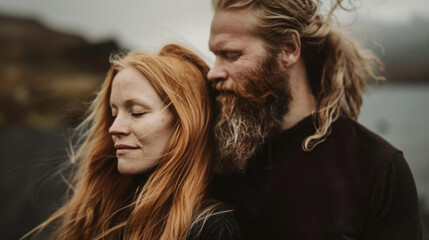 A tranquil couple, she with wavy light orange hair in black, he with a dark beard, both dressed in black, share a thoughtful gaze. Their expressions and visible brushwork create a peaceful scene.