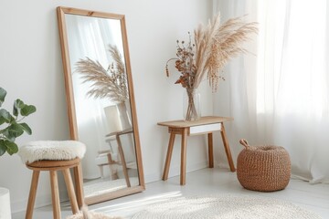 Cozy white room with retro furniture and houseplants.
