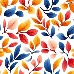 Fototapeta premium Vibrant botanical pattern featuring colorful leaves in shades of red, orange, blue, and white. Perfect for nature-inspired designs.