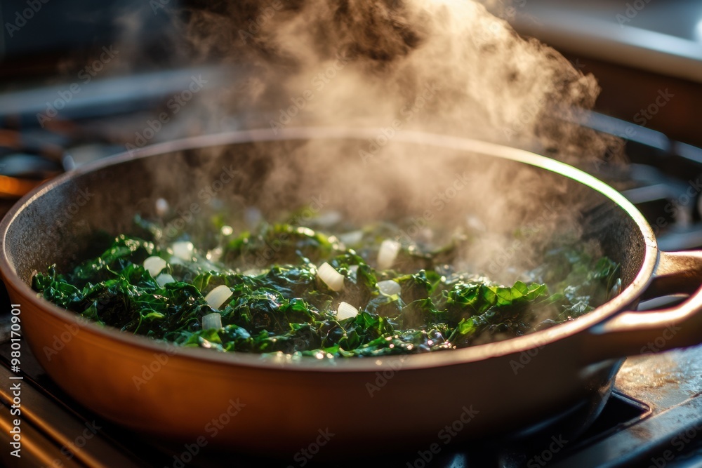 Wall mural steaming collard greens and onions sautéing in a pan on the stove