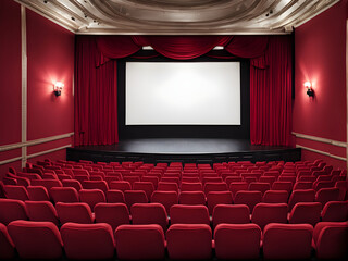Fototapeta premium Theater hall with red seat and wide blank white screen