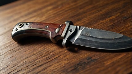 High-resolution close-up of a tactical military knife resting on a table surface, showcasing a razor-sharp steel blade with intricate details, ready for action, perfect for combat and survival themes.