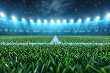 Vibrant green grass on a football field illuminated by stadium lights, creating a captivating sports atmosphere at night.