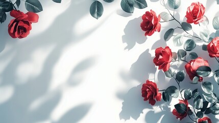 Rose flower on the edge decoration with natural shadow form sun light and white background