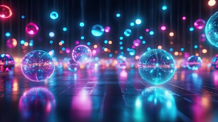 Vibrant spheres in colorful lighting create a mesmerizing, futuristic atmosphere with reflections and depth.