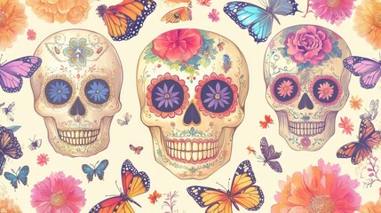 Vibrant sugar skulls adorned with floral patterns and butterflies, celebrating life and culture in a colorful design.