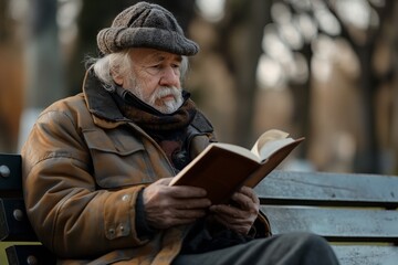 Elderly man sitting on a park bench reading a book, enjoying an outdoor activity in the city park, lifestyle concept for senior men at home or on vacation.