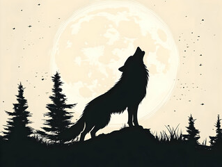 A majestic wolf silhouette howling at a full moon, surrounded by pine trees, capturing the essence of wilderness and solitude.