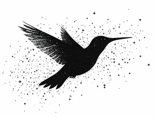 A majestic silhouette of a hummingbird in flight, surrounded by a sparkling backdrop of stars and glittering effects.