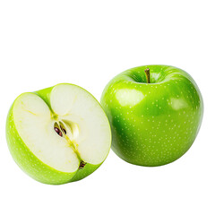 Fresh green apple, half-cut to reveal its juicy, crisp flesh. A healthy snack choice rich in vitamins and flavor.