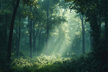 Sunbeams Piercing Through Dense Foggy Forest